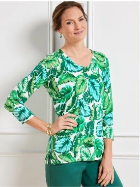 Talbots V-neck pullover tropical‎ "Isle Fronds" leaf pattern. Cotton size MEDIUM